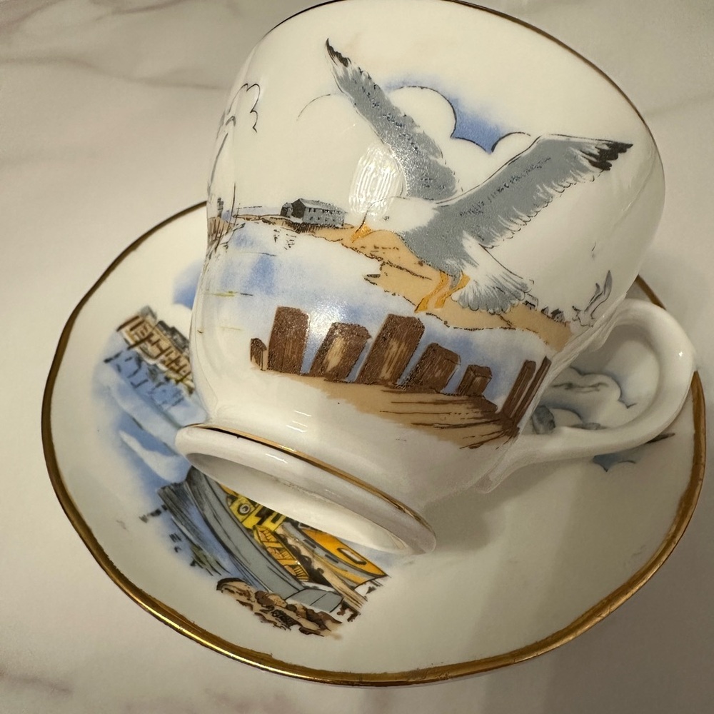 Crown Warwick Seagull Coastal Fine Bone China Teacup and Saucer - White and Blue